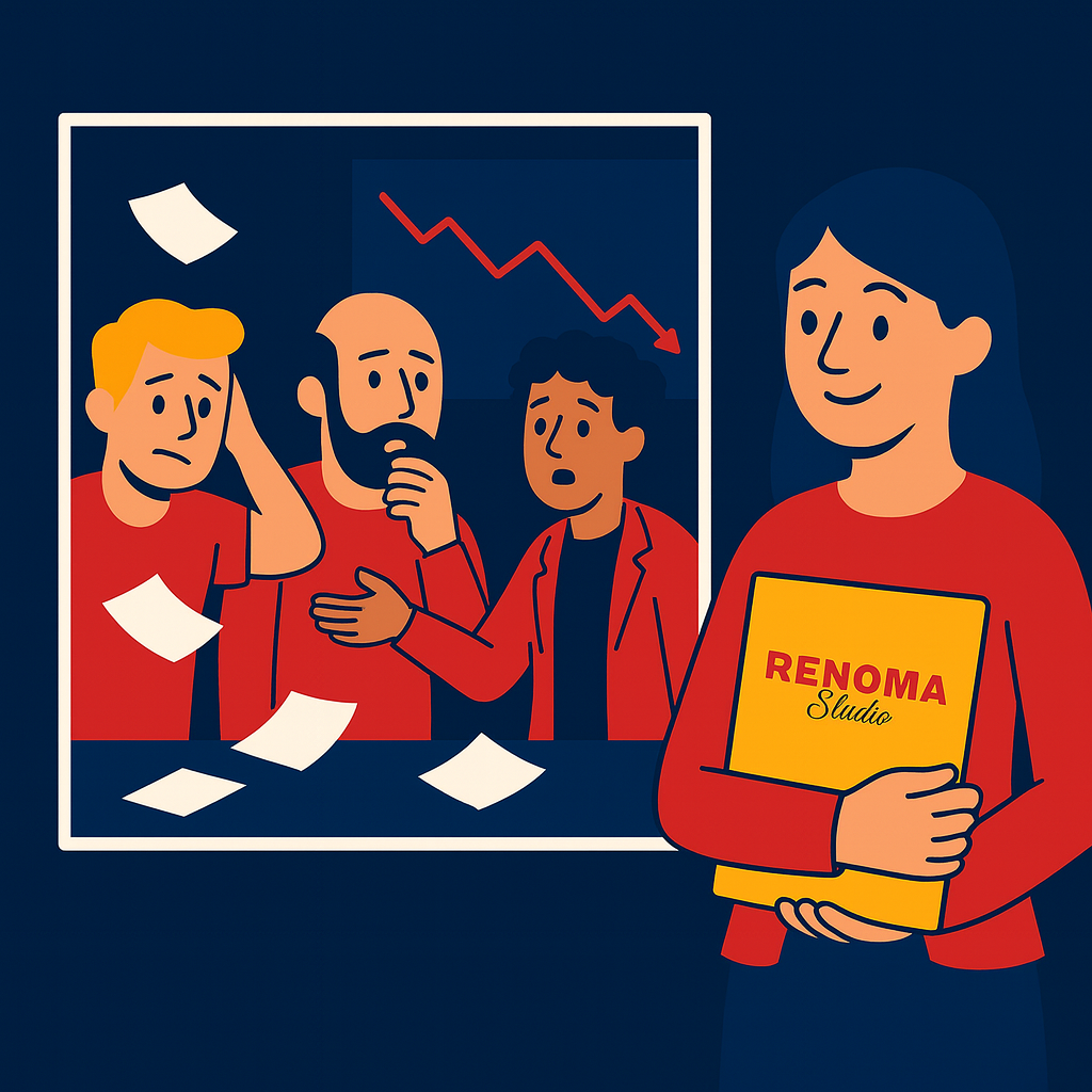 Equipo de trabajo preocupado por caída de resultados, solucionado gracias a la gestión de redes sociales de Renoma Studio.