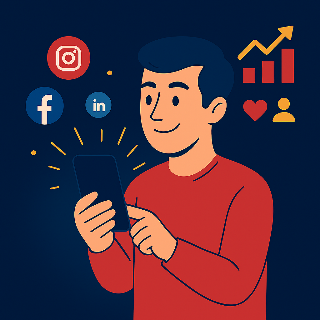 Persona utilizando el móvil para la gestión de redes sociales en plataformas como Instagram, Facebook y LinkedIn.